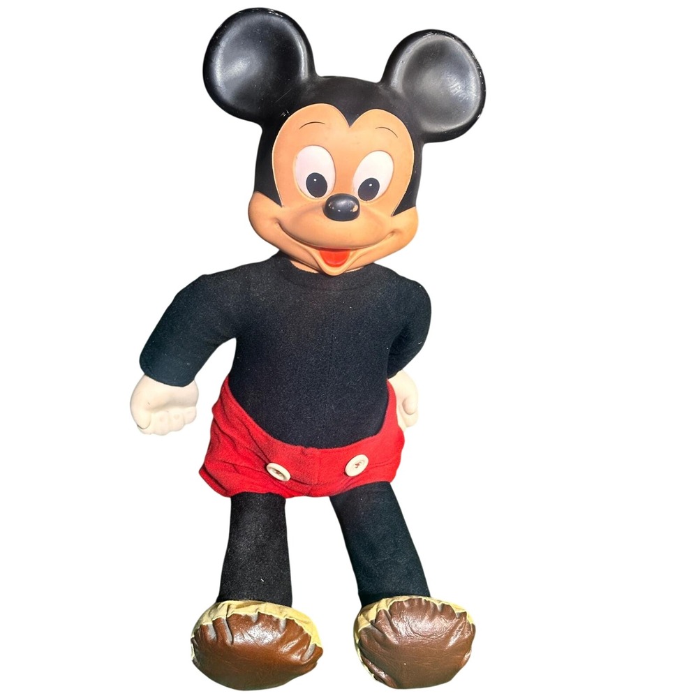 Vintage Mickey Mouse Plush Doll Stuffed Toy Classic Character Red Shorts Black